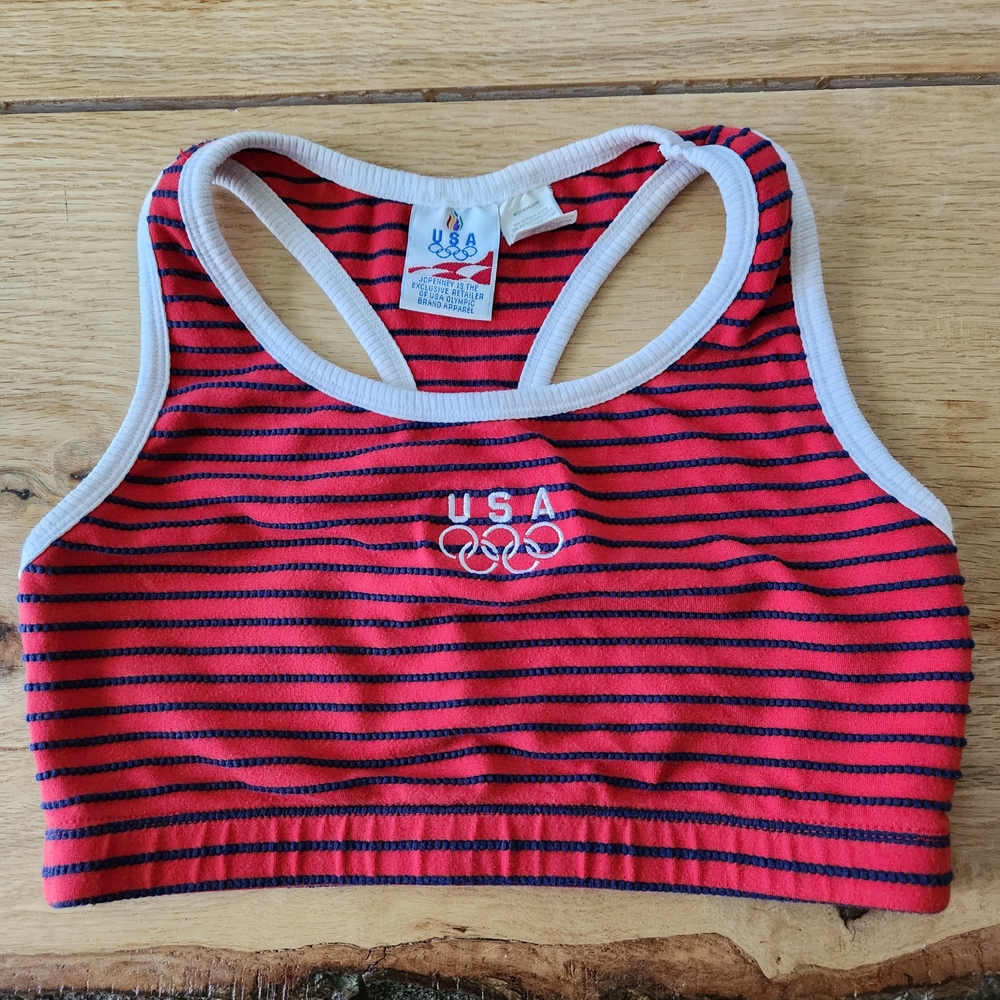 Vintage 90's Olympic Games Striped Sports Bra Red Blue USA JCpenny Size M